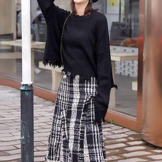 Set: Distressed Knit Top + Plaid Midi A-line Skirt