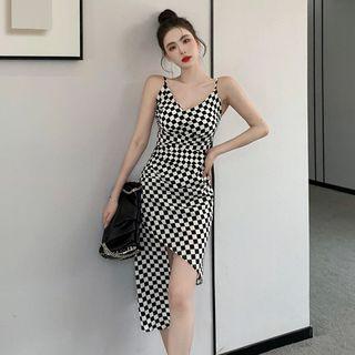 Spaghetti-strap Check Asymmetrical Midi Sheath Dress