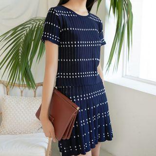 Set: Contrast-trim Striped Knit Top + Band-waist Long Skirt Navy Blue - One Size
