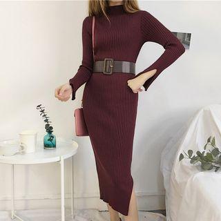 Mock-neck Long-sleeve Knit Midi Dress