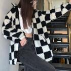 Checkerboard Fleece Zip-up Jacket Check - Black & White - One Size