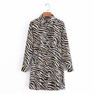 Long-sleeve Zebra Print Mini Shirtdress