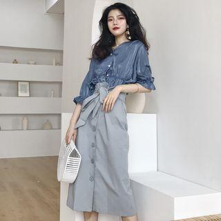 3/4-sleeve Blouse / Buttoned A-line Midi Skirt