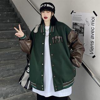 Number Embroidered Faux Leather Panel Baseball Jacket