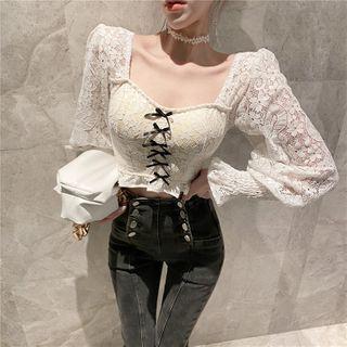 Off-shoulder Lace Blouse White - One Size