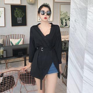 V-neck Asymmetric Long Shirt With Belt