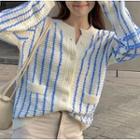 Long-sleeve Striped Knit Cardigan Stripes - Blue & White - One Size
