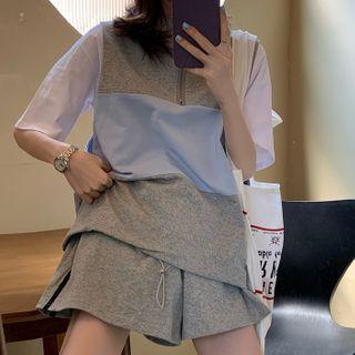 Set: Zip Neck Sleeveless Top + Shorts Gray - One Size