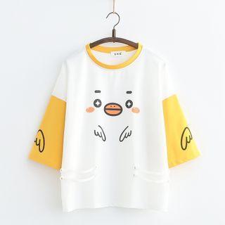 Two-tone Cartoon Print T-shirt White - One Size