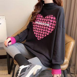 Mock Two-piece Long-sleeve Mock-neck Heart Print T-shirt