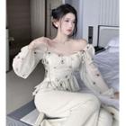 Off-shoulder Floral Blouse / Bootcut Pants