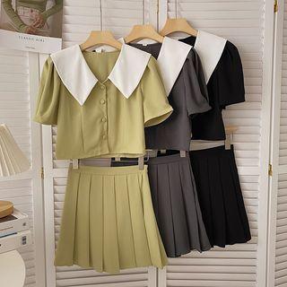 Set: Short-sleeve Top + High-waist Pleated Skirt