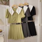 Set: Short-sleeve Top + High-waist Pleated Skirt