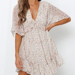 Short-sleeve V-neck Floral Print A-line Mini Dress