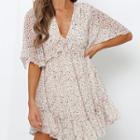 Short-sleeve V-neck Floral Print A-line Mini Dress
