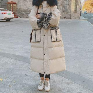 Fluffy Trim Hooded Plaid Panel Midi Padded Coat