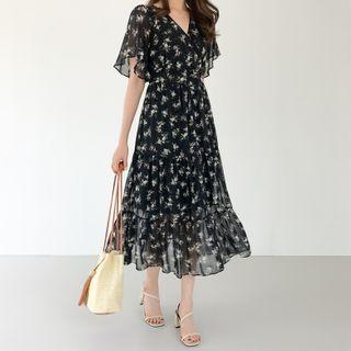 Flutter-sleeve Floral Long Chiffon Dress