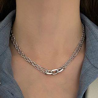 Stainless Steel Layered Choker Necklace - Double Layers - Silver - One Size