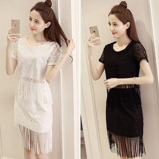 Set: Short-sleeve Fringe Top + Fringe Fitted Skirt