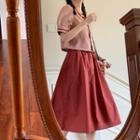 Set: Frill-collar Short-sleeve Plaid Blouse + High-waist A-line Midi Skirt