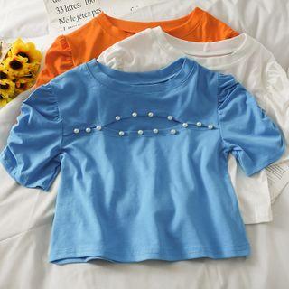 Cutout-front Pearl-trim Crop T-shirt