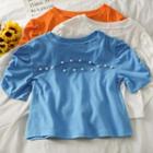 Cutout-front Pearl-trim Crop T-shirt
