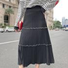 Set: Striped Long-sleeve T-shirt + Midi A-line Knit Skirt T-shirt - Black Stripe - White - One Size / Skirt - Black - One Size