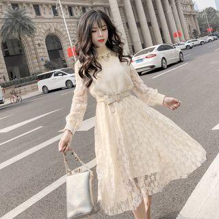Puff-sleeve Mock-neck Midi Lace Dress