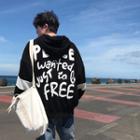 Puff-sleeve Long-sleeved Color Block Lettering Loose-fit Oversized Hooded Jacket