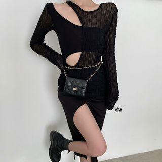 Long-sleeve Irregular Cutout Top / Midi Skirt