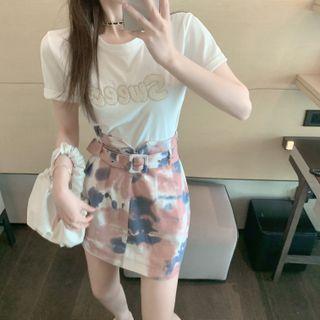 Short-sleeve Embellished Lettering T-shirt / Tie-dye Mini Pencil Skirt