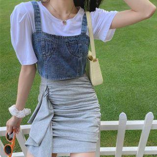 Short-sleeve T-shirt / Spaghetti Strap Denim Top / Irregular Fitted Mini Skirt
