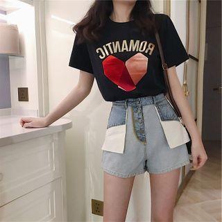 Set: Short Sleeve Printed T-shirt + Denim Hot Pants