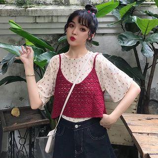 Elbow-sleeve Floral Top / Spaghetti Strap Cropped Knit Top