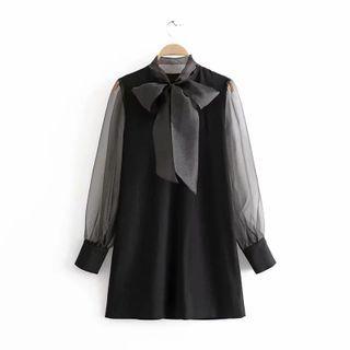 Mesh Panel Bow-neck Mini A-line Dress