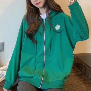 Flower Embroidered Zip-up Hoodie