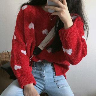 Heart Patterned Sweater Red - One Size
