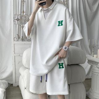 Set: Elbow-sleeve Lettering Polo Top + Shorts