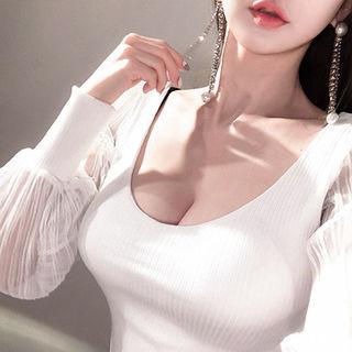 Scoop-neck Sheer-sleeve Bodycon Minidress