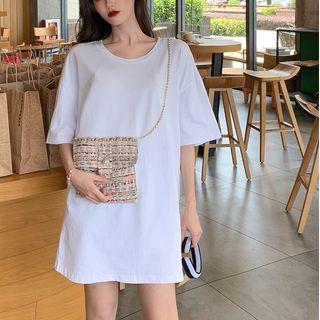 Short-sleeve Tweed Panel T-shirt White - One Size