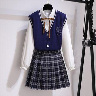 V-neck Sweater Vest / Blouse / Plaid Pleated Mini A-line Skirt / Set