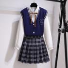 V-neck Sweater Vest / Blouse / Plaid Pleated Mini A-line Skirt / Set