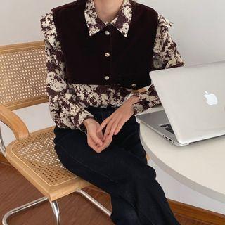 Set: Long-sleeve Tie-dye Blouse + Button-up Velvet Shawl Set Of 2 - Shirt & Shawl - Brown & Almond - One Size