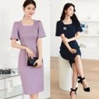 Square-neck Bell-sleeve Sheath Dress