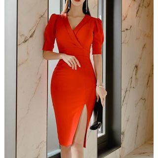V-neck Plain Slit Sheath Dress