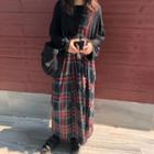 Plain Long-sleeve T-shirt / Plaid Midi Suspender Dress