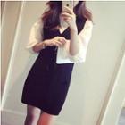 Set: V-neck 3/4-sleeve Blouse + V-neck Pinafore Dress Black - One Size