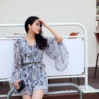 Bell-sleeve Floral Playsuit With Sash