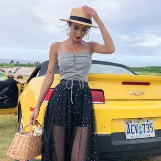 Gingham Lace-up Camisole Top / Mesh Maxi A-line Skirt / Set