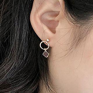 Non-matching Geometric Alloy Dangle Earring Wine Red - 1 Pair - One Size